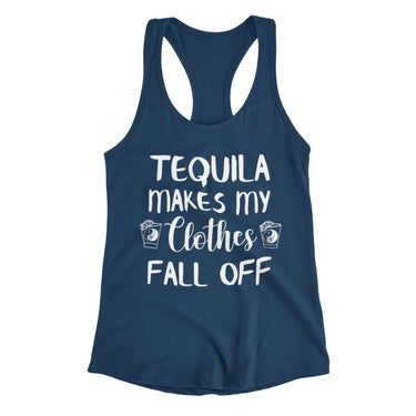 Navy Racerback T-shirt featuring the text 'Tequila makes my clothes fall off,' accompanied by an image of a shot glass with a yin yang symbol on each side of the words. Designed by WooHoo Apparel.